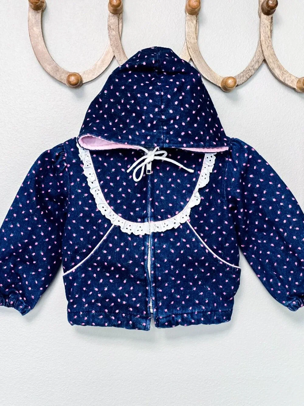 Vintage A Tiny Tots Original 2T Denim Rosebud Overall Set w/ Hooded Jacket